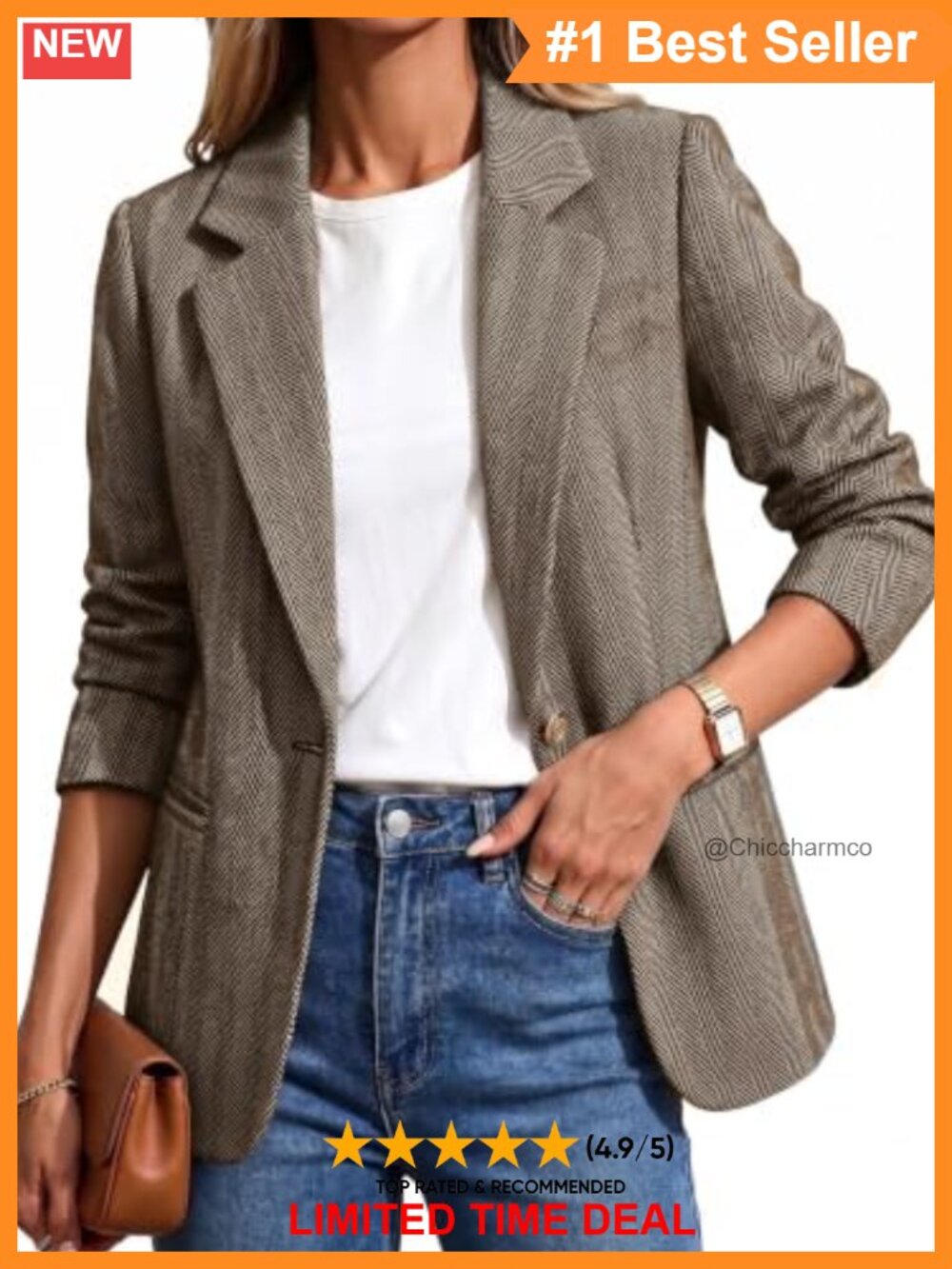 Women's Herringbone Tweed Blazer Double-Breasted Business Casual Suit Jacket